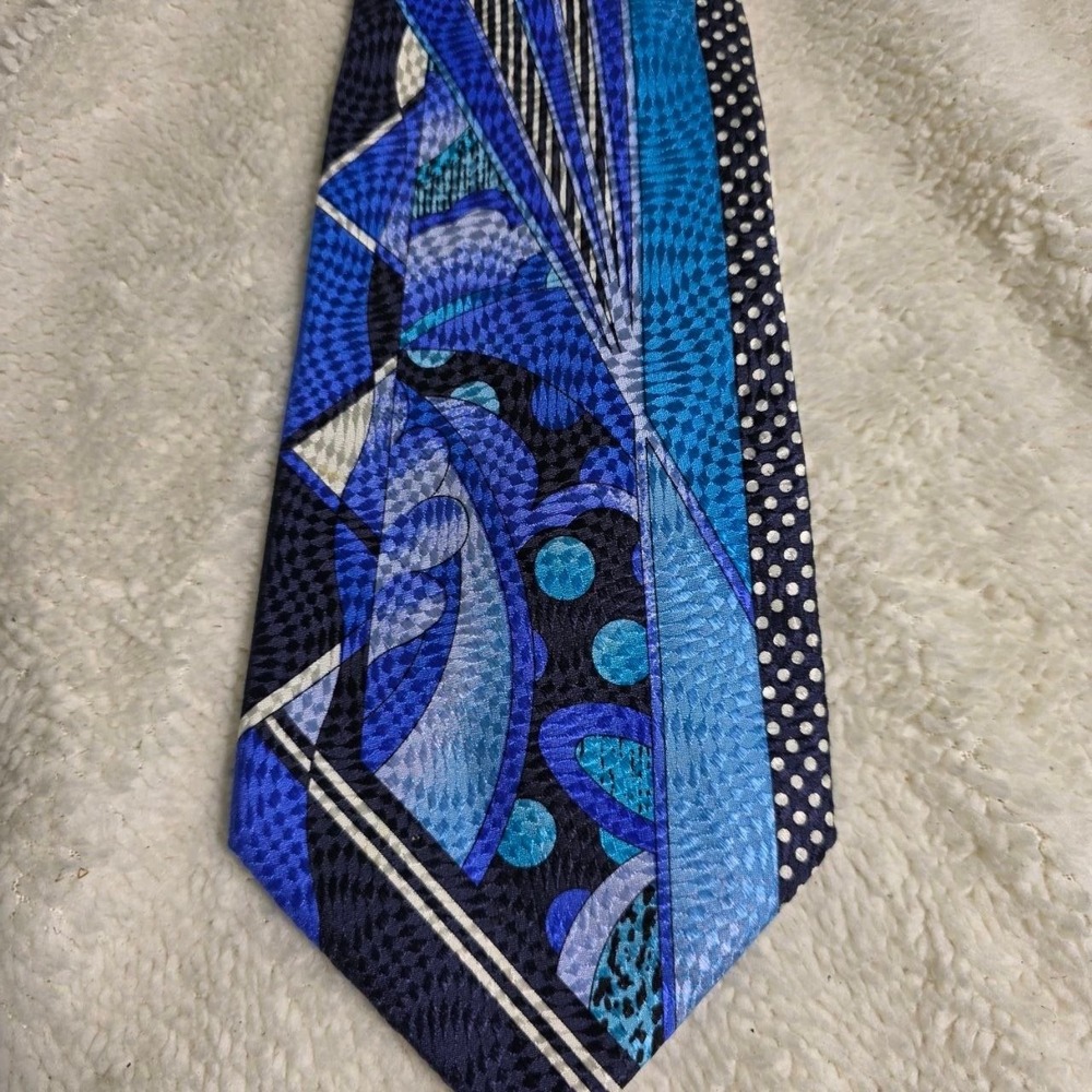VTG Bachrach‎ Necktie Turquoise Navy Blue Geometric Abstract Silk